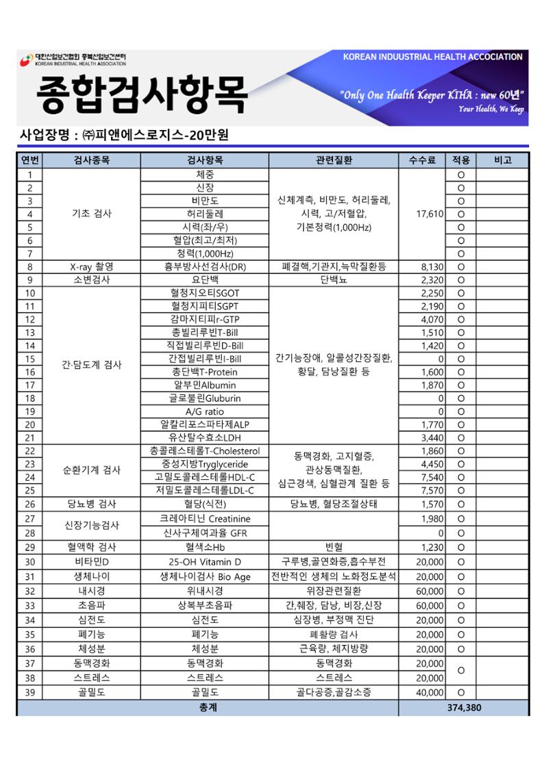 24년 대한산업보건협회 항목 및 수수료 1페이지