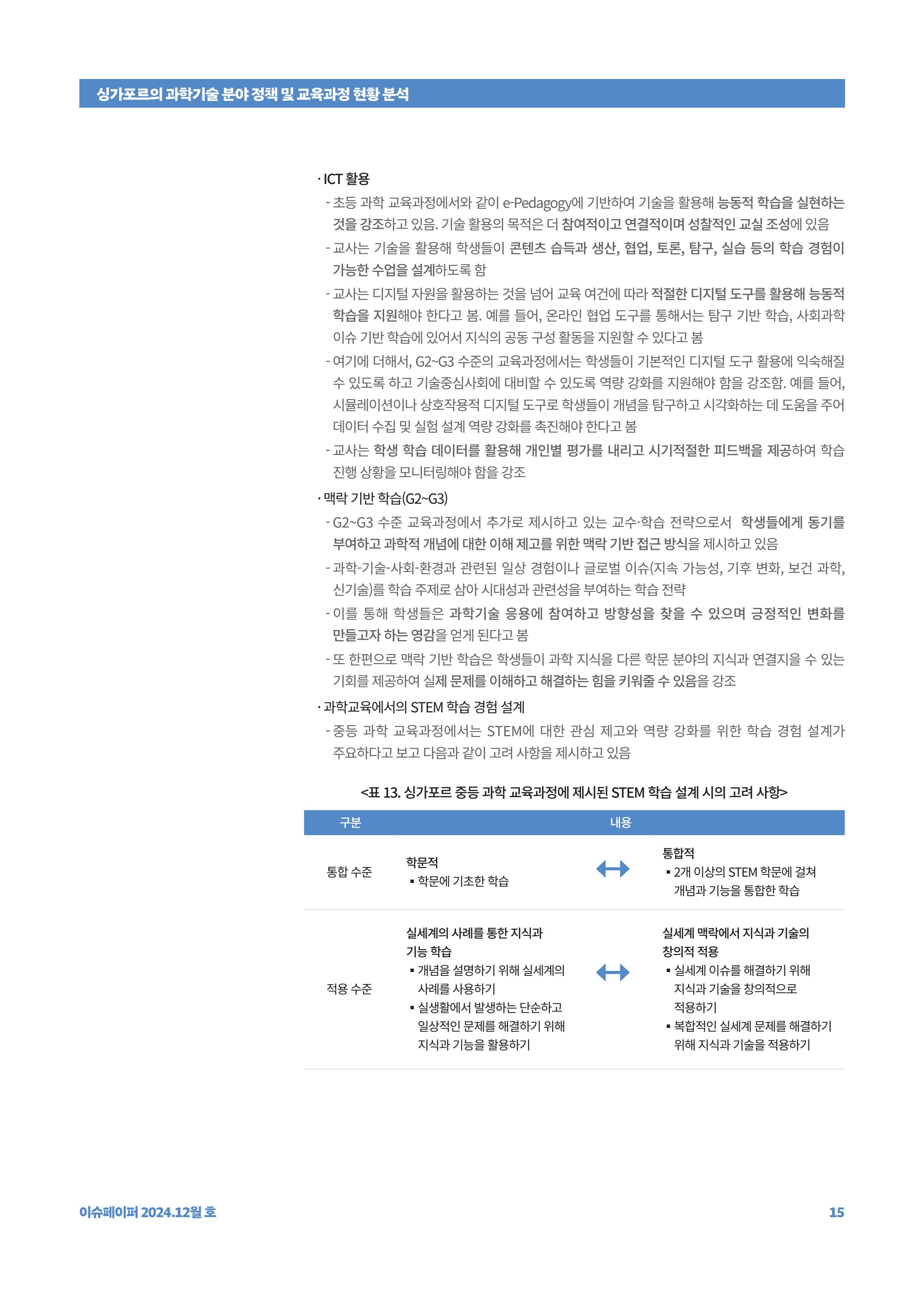 이슈페이퍼_싱가포르의 과학기술 분야 정책 및 교육과정 현황 분석 15페이지